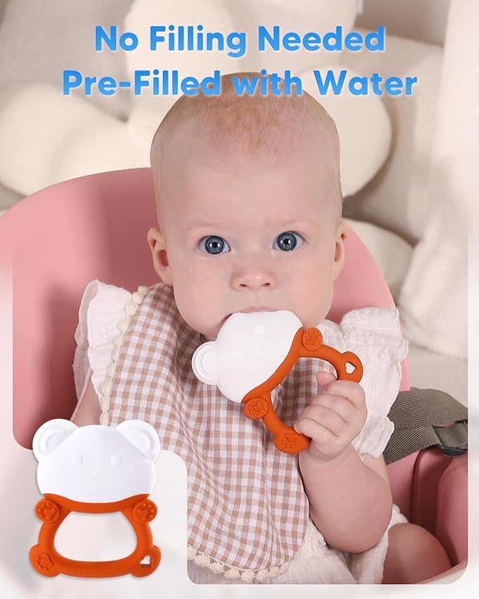 Water-Filled Freezable Baby Teether – Cooling Teething Toy for Babies 6+ Months, Gentle Comfort for Sore Gums, Includes Reusable Freezer Bags – Bear Orange