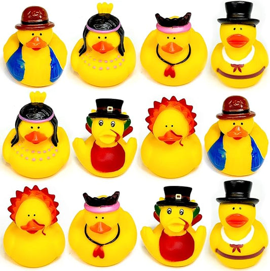 Thanksgiving Rubber Ducks, 12 Pack Turkey Ducks Bulk in 6 Styles Duckies Thanksgiving Party Favor Supplies Gifts for Kids Adults Parade Decorations Bath Duck Toys School Classroom Game Prizes