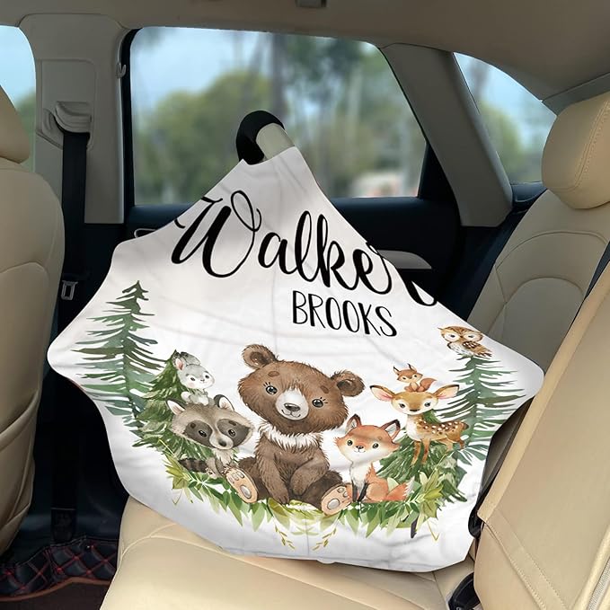 Personalized Baby Car Seat Cover Stroller Canopy: Custom Name Newborn Baby Boy Girl Elastic Woodland Animals Nursing Cover for Moms First Birthday Gift Bear Fox(one Size)