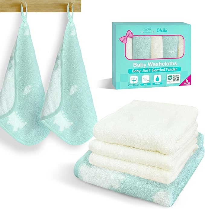 VOOVA & MOVAS Dino & Ivory Ultra-Soft Baby Washcloths – 100% Cotton, Highly Absorbent – 12"x12", 6 Pack – Newborn Towels – Baby Essentials – Perfect Set