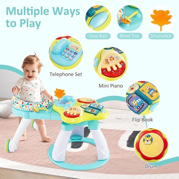 INFANS 3 in 1 Walk Around Baby Activity Center, Baby Walker with Play Table, Wheels, Detachable Seat Cushion, 3 Adjustable Heights, Learning Toys for Boys Girls Aged 6-36 Months (Green)