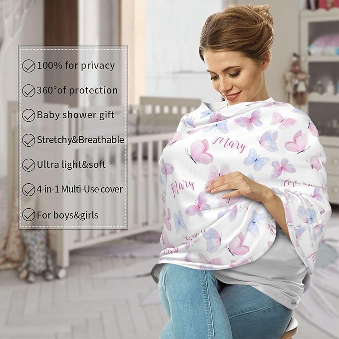 Personalized Baby Car Seat Cover for Girls, Custom Butterfly Nursing Covers for Breastfeeding with Name, Infant Stroller Cover, Baby Carseat Canopy for Newborn, Multiuse Car Seat Canopies