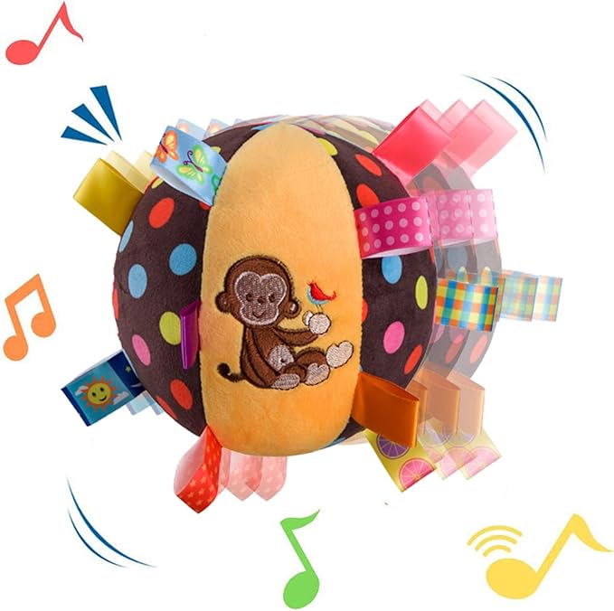 Baby Taggie Ball, Colorful Rattle Ball with Tags, Soft Plush Stuffed Animal Multi Sensory Toy for Early Educational, Ribbon Tag Toy for Baby Kids Toddlers Infants