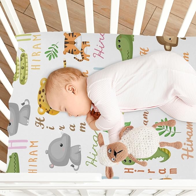 Personalized Mini Crib Fitted Sheet for Baby Boys Girls, Customized Name Multiuse Sheets for Pack & Play, Playard, Playpen, Mini Crib Mattress, Custom Pack and Play Sheets with Name, Cute Animal