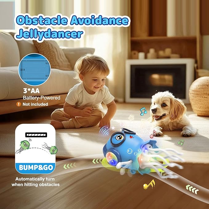 Kids Toy Dancing Jellyfish, Interactive Crawling Jellyfish Bump and Go Toy with Music & Lights, Sensory Tummy Time Toys for Toddlers 3-12 Years, Kids Birthday Easter Gifts for Boys Grils