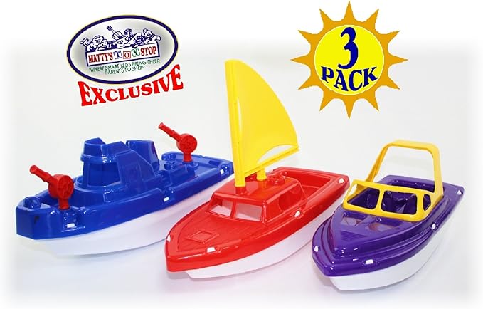 Matty's Toy Stop Plastic Boats Set Sailboat (Red), Speedboat (Purple) & Fireboat (Blue) Gift Set Bundle, Perfect Bath, Pool, Beach Etc. - 3 Pack