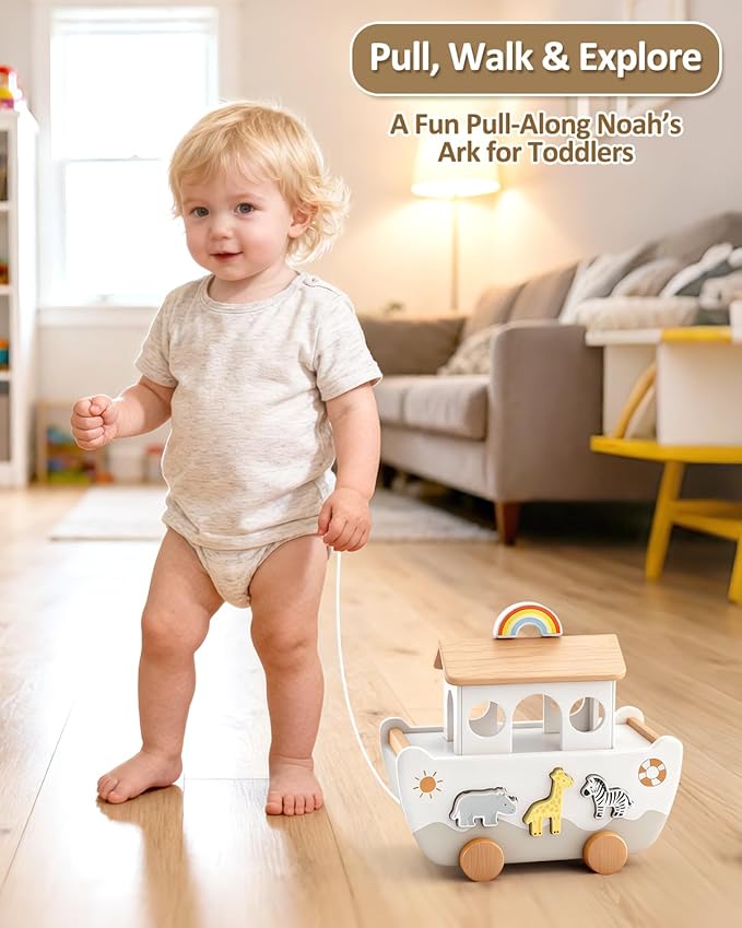 Wooden Noah’s Ark Toy for Toddlers 1-3, Baptism Christening Gifts for Boys Girls, Christian Toy Animal Shape Sorter, Baby Birthday