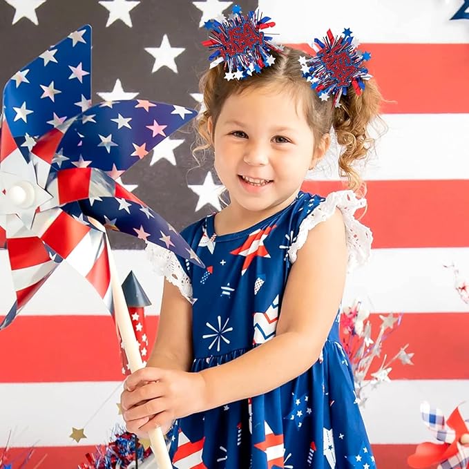 CN 4PCS 4th of July Hair Bows for Girls, Red White Blue USA Patriotic Hair Accessories, Amercian Flag Star Bows Clips for Girls Toddlers Teens for Independence Memorial Day Party Dress(Type A)