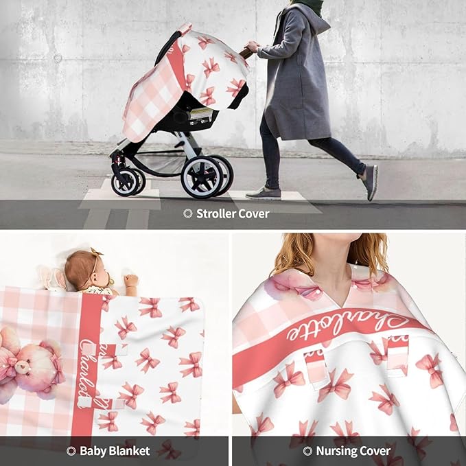 Pink Bow and Bear Custom Name Baby Car Seat Cover – Personalized Nursing Cover for Breastfeeding, Stroller Canopy, Privacy Infant Carseat Canopy, Soft Breathable Newborn Blanket for Girls