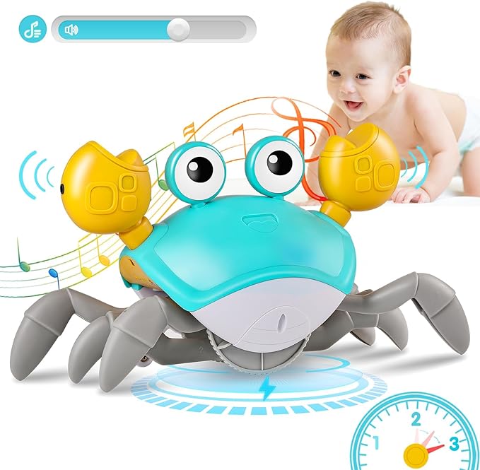 Crawling Crab Baby Toys with Music&Speed Control, Tummy Time Toys for 4 5 6 7 8 9 10 11 Boy Girl Easter Basket Stuffers, Dancing Walking Crawly Crab for Baby Toddler Infant 6-12-18 Months Kid 1-3