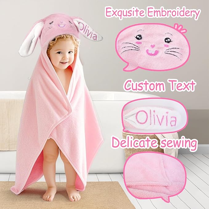 Custom Hooded Baby Towels with Name, Personalized Bunny Easter Gifts for Toddlers, Custom Baby Bath Towels for Newborn, Ultra Soft and Absorbent, Ideal for Girl Boy (Bunny)