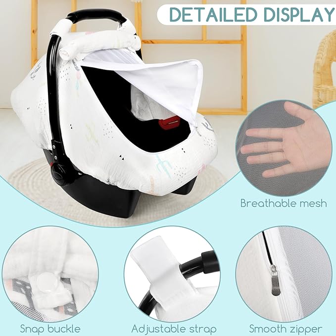 Muslin Baby Car Seat Cover for Boys Girls, Infant Carseat Canopy with Breathable Mesh Peep Window, Summer Lightweight Sunshade Carrier Cover for Newborn, Cacti