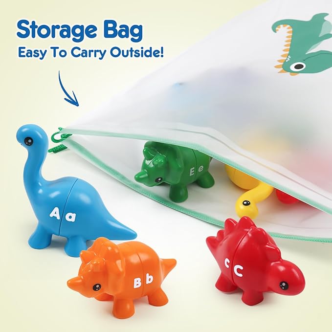 GKDOMS 26pcs Alphabet Dinosaurs Matching Toy, Toddlers ABC Learning Dinosaurs with Uppercase Lowercase, Match and Snap Fine Motor Game Preschool Learning Activities, Birthday Gifts for Boys & Girls