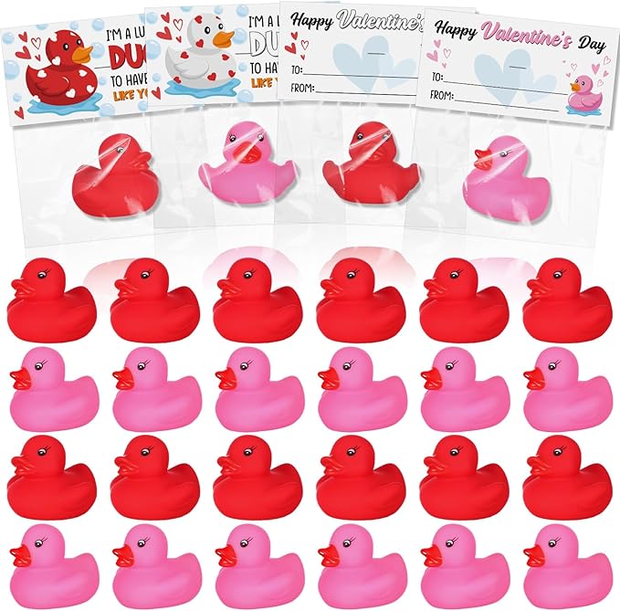 24 Pcs Valentine's Day Rubber Ducks 1.96 Inch Rubber Ducks with Valentine's Day Cards Pink Red Bath Duck Toys for Valentines Gifts Classroom Exchanges Prize Pool Bathtub Party Favors