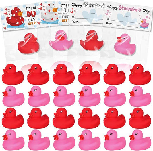 24 Pcs Valentine's Day Rubber Ducks 1.96 Inch Rubber Ducks with Valentine's Day Cards Pink Red Bath Duck Toys for Valentines Gifts Classroom Exchanges Prize Pool Bathtub Party Favors