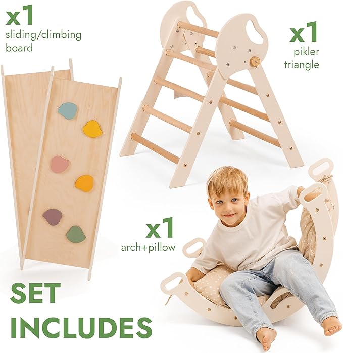 Goodevas 5-in-1 Toddler Climbing Toys Indoor Set - Pikler Triangle, Climbing Arch, Balance Cushion, Montessori Climbing Gym for Toddlers 1-3, Foldable Wooden Baby Activity Center, Jungle Gym for Kids