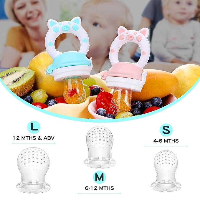 Baby Fruit Food Feeder Pacifier - Fresh Teething Pacifiers, Infant Fruit Teething Teether Toy for 3-24 Months, 6 Pcs Silicone Pouches for Toddlers & Kids & Babies, Piggy Handle 2-Pack (Yellow)