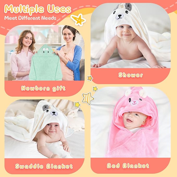 Preboun 4 Pcs Baby Bath Towel 31.5 x 31.5 Inch Coral Fleece Baby Hooded Towel Absorbent Soft Babys Towels for Newborn Cartoon Animal Hooded Bath Blanket for Kids Newborn Shower(Classic Color,Style A)