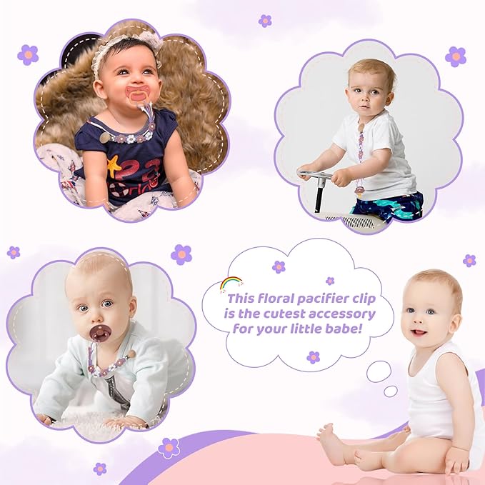 Pacifier Clip for Boys Girls Floral Daisy Macrame Baby Paci Clip Pacifier Holder Leash Boho Wooden Clips Handmade Braided Cotton Binky Clips (2pack:Lavender Style × 2)