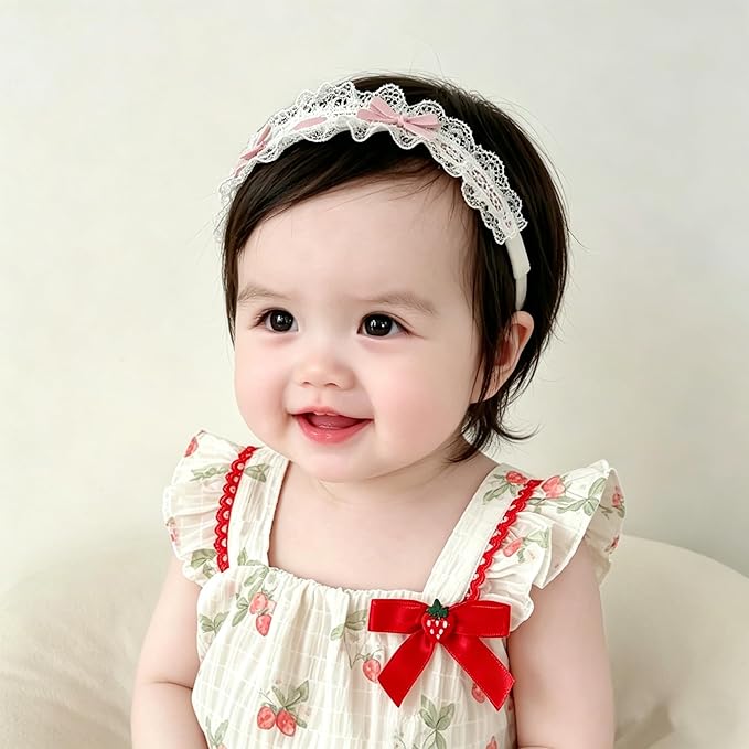 Baby Girls Hairbands Bow Lace Headband Handmade Soft Stretchy Pink Bowknot Hairbands Newborn Hairband with Bows Elastic Hair Bands for Kids Infant(Lace Pink Bow