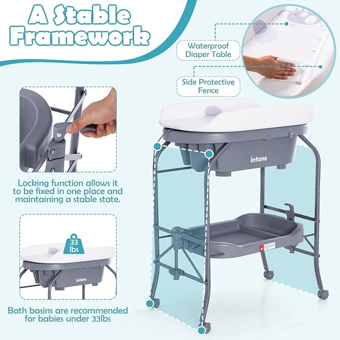 INFANS 2 in 1 Baby Changing Table with Bath Tub Unit, Folding Diaper Dresser Station with Wheels Waterproof Pad Storage Rack, Portable Nursery Organizer Stand for Newborn Infant
