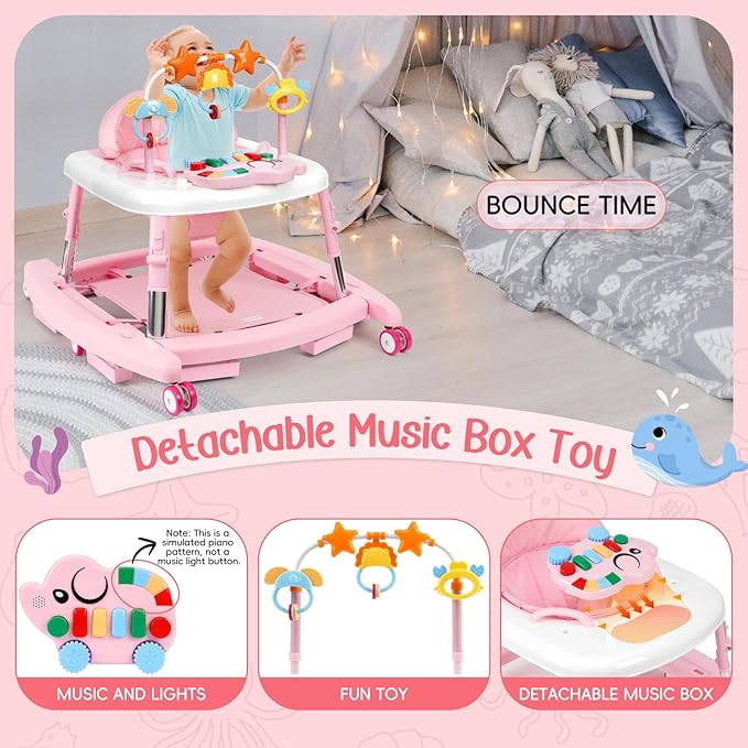 5 in 1 Baby Walker Foldable Music and Lights with 5 Adjustable Heights, Baby Walker with Wheels Portable, Infant Toddler Walker for Baby Boy Girls 6-18 Months (Pink)