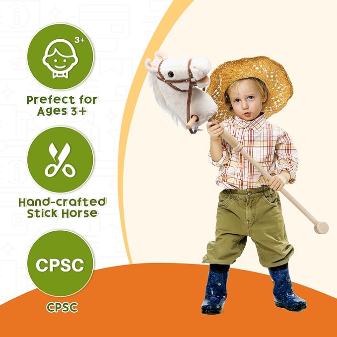 HollyHOME Stick Horse Plush Handcrafted Hobby Horse on a Stick with Wood Wheels Real Pony Neighing and Galloping Sounds for Kids Toddlers White 36 Inches(AA Batteries Required)