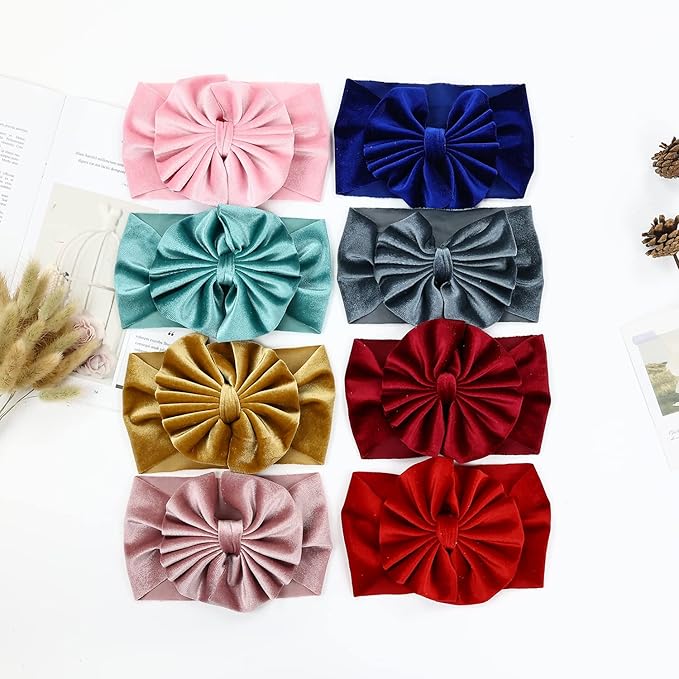 Lawie 8 PACK Elastic Stretchy Elastic Soft Wide Velvet Bowknot Bow Headbands Hairband Knot Turban Headwraps Hair Bows Accessories for Kids Toddler Infant Newborn Baby Girl Bulk