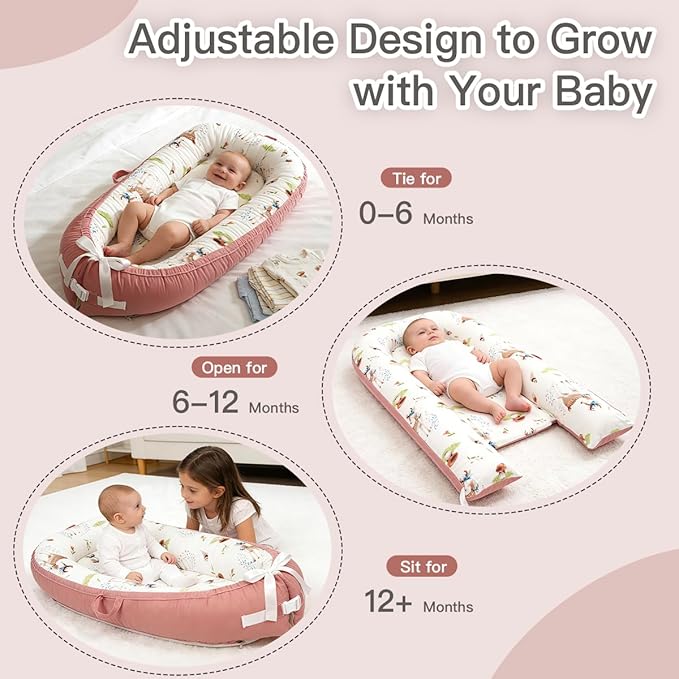 Baby Lounger | Organic Cotton Infant Support Cushion | Reversible, Adjustable & Portable Floor Cushion | Soft, Breathable, Washable Cover
