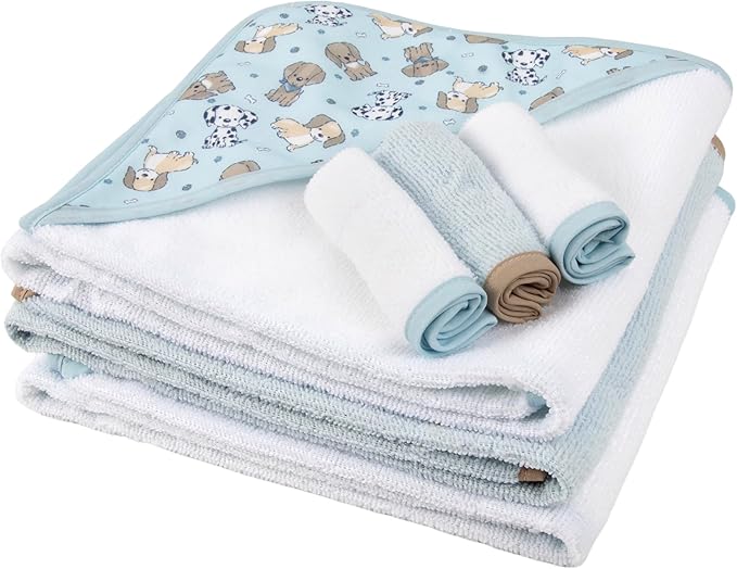 Baby Bath Essential Hooded Baby Bath Towel and Washcloth 6 Piece Set for Newborns, Infants & Toddlers, Boys & Girls Baby Hooded Towels Set (Puppy Dogs)