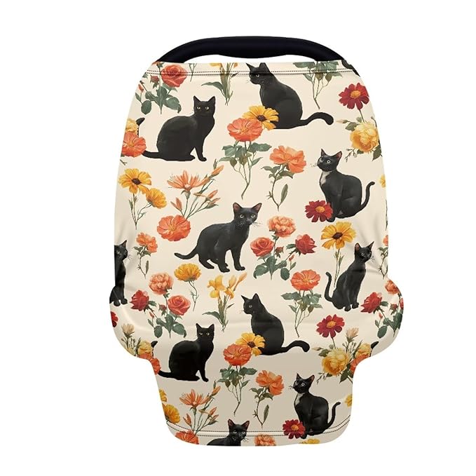 AFPANQZ Black Cat Floral Soft Baby Car Seat Canopy Nursing Cover Breastfeeding Scarf Shopping Cart Covers Stroller Sunshade High Chair Cover Car Seat Covers for Girls and Boys Breathable