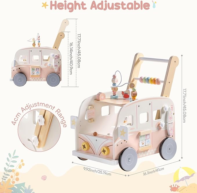 ROBOTIME Wooden Baby Walker, Baby Push Walker, Activity Center Toys, Ajustable Speed Multi-Functional Baby Walker with Wheels for Babies Learning to Walk (Pink)