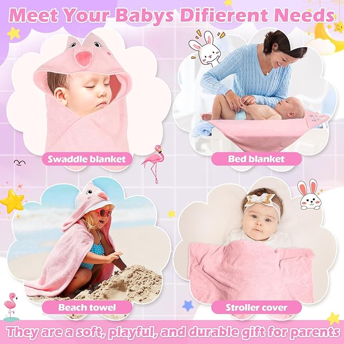 Sublaga 8 Pcs Baby Towel Set, Soft Baby Bath Towels and Washcloths Set, 2 Pcs 32x32 in Cute Baby Towel with Hood and 6 Pcs Baby Washcloths for Infants, Toddlers and Kids (Pink Kitten & Flamingo)