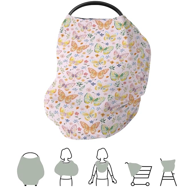Watercolor Butterflies Spring Floral Baby Car Seat Covers Pastel Flowers Leaves Stretchy 5-in-1 Cover Adjustable Infant Carseat Canopy Cover Easter Garden Breathable Nursing Cover-Up Pink