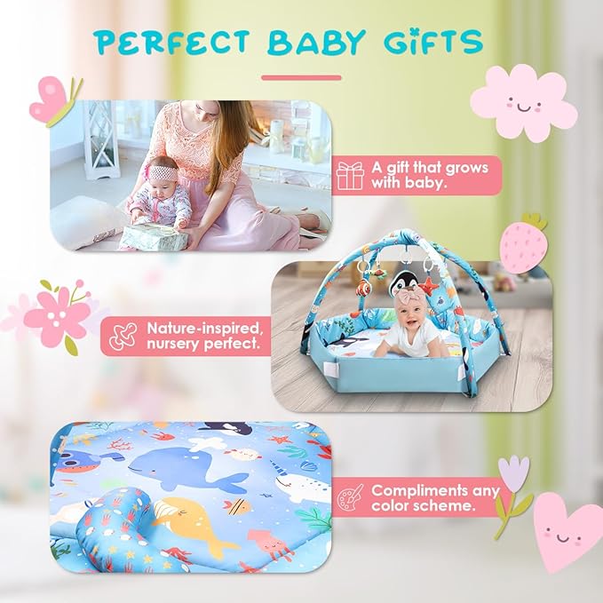 lulunemo Baby Play Mat,Tummy Time Mat with 6 Detachable Toys-Activity Gym for Visual, Auditory & Motor Development-Washable Baby Activity Mat for 0-12 Month Infants(Ocean)