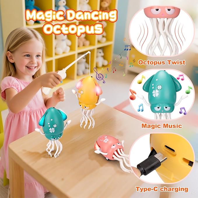 Vodolo Magic Electric Dancing Octopus Toy with Led Light and Music,Automatic Evasion Crawling Dancing Octopus Musical Toys with Fishing Rod,Dancing Squid Toy Baby Must Haves Tummy Time Baby Toys,Pink