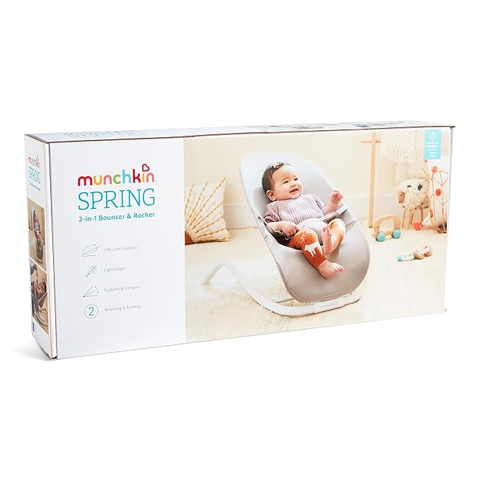 Munchkin Spring Baby Bouncer and Rocker Seat, Lightweight 2-in-1 Design, Travel Essential for Newborn, 3 Recline Positions, Grey