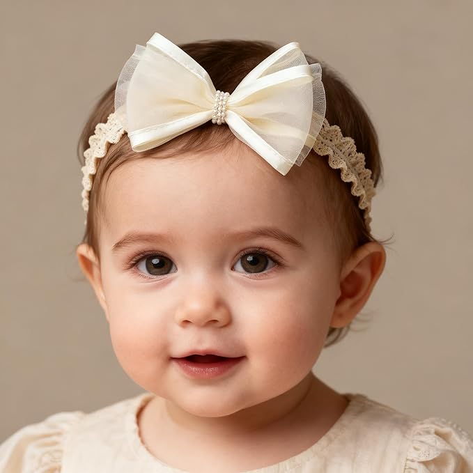 Baby Girls Hairbands bows Headband Stretchy Soft Flower Hairband Toddler Handmade Headbands with Pearls Elastic Headband for Infant Toddler Girl Hair Accessories (Pearl Bow, Elastic)