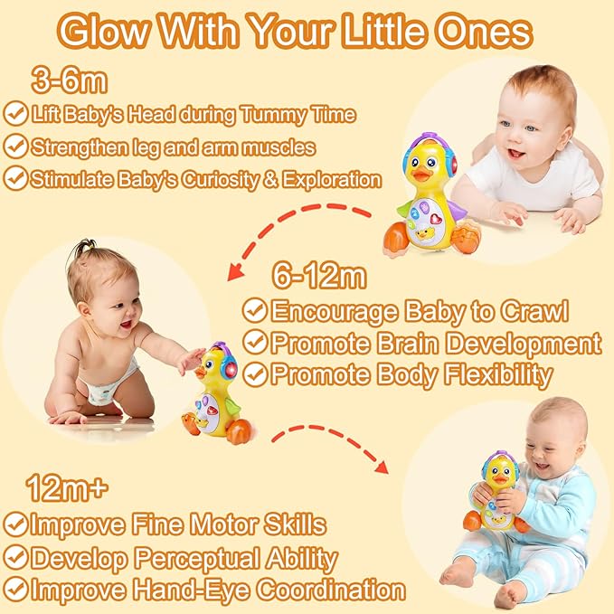 Musical Flapping Yellow Duck, Crawling Tummy Time, Educational Learning Walking Light Up Dancing Toy for 1 Year Old Baby Toddler Infant Easter Valentine Gifts