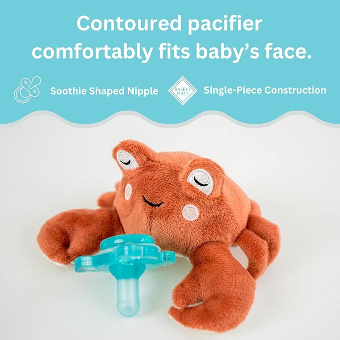 PaciBuddy Crab Pacifier Holder - Plush Toy with Detachable Pacifier & Universal Adapter, Gender Neutral Baby Gift for 0+ Months - Infant Plush Baby Toy, Versatile Baby Essentials, Binky