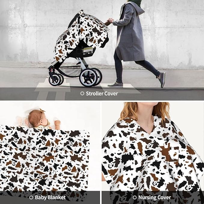 Black Brown Cow Print Baby Car Seat Canopy Cover 39x27.5 Inches Multi Use Nursing Cover for Newborn Car Seat Canopy Mom Nursing Breastfeeding Covers Newborn Shower Gifts
