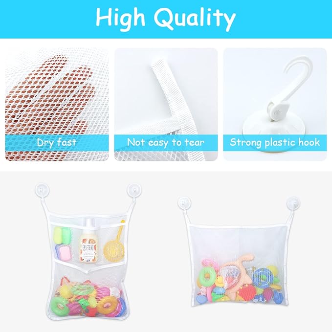 2 PCS Mesh Bathtub Toy Holder Bag, 18 x 14 Inch Bath Toy Organizer, 4 Ultra Strong Hooks, White