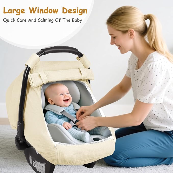 Car Seat Cover Baby, Summer Carseat Covers for Babies Girls Boys Breathable Muslin Cotton HNHUAMING Infant Car Seat Canopy with Large Mesh Window, Cozy & Windproof Newborn Stroller Cover, Apricot