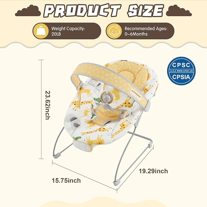 Portable Baby Bouncer Seat with 8 Melodies, 3 Vibration Levels & Adjustable Volume, Foldable Infant Bouncer Rocker with Safety Harness for Baby 0-6 Months, Indoor & Outdoor Use BR2405