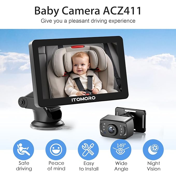 Itomoro Rear Facing Mirrors, 7'' HD 1080P Baby Car Camera, Infrared Night Vision Function Camera with 150° Wide View & 360° Rotatable Easy Installation in 5 Mins