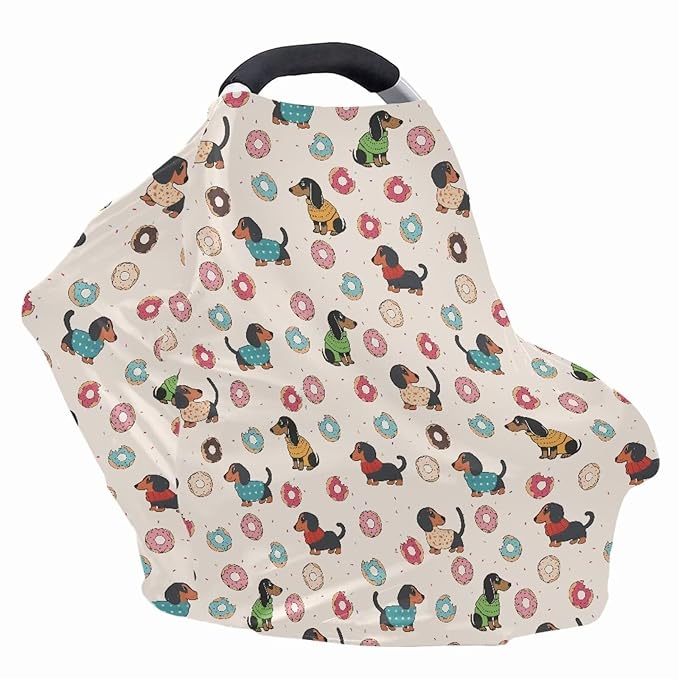 Biyejit Dachshund Doughnut Car Seat Canopy Breastfeeding Cover - Multi Use Baby Stroller and Carseat Cover, Breastfeeding Covers, Boys and Girls Shower Gifts