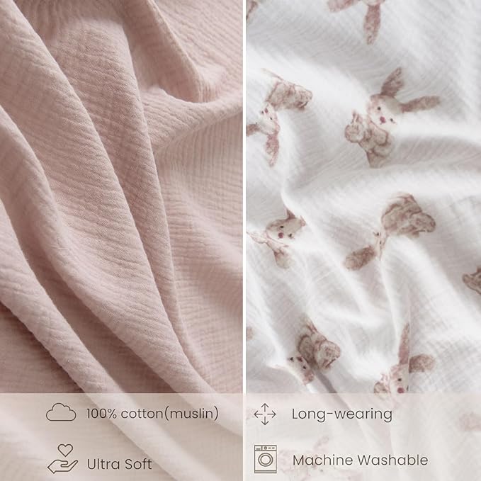 Little Jump Muslin Hooded Baby Bath Towels - 2 Pack 100% Cotton Towel for Babies, Infants, Toddlers - 32x32Inch - Highly Absorbent and Newborn Essential (Bunny)