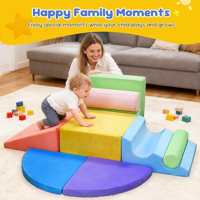 Teckid Toddler Climbing Toys 8-Piece Indoor Soft Foam Blocks Set, Safe Crawling, Climbing and Sliding Play Gym for Kids, Baby Climbing Playset