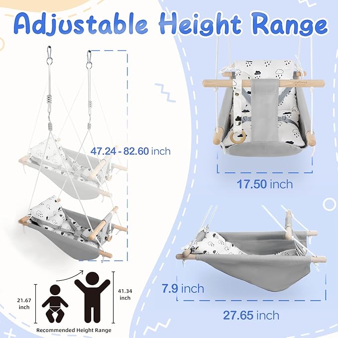 Baby Swing for Infants to Toddlers,Indoor Outdoor Wooden Hanging Swing Seat with Safety Belt and Mounting Hardware, Suitable for Ages Up to 3,Little Cloud