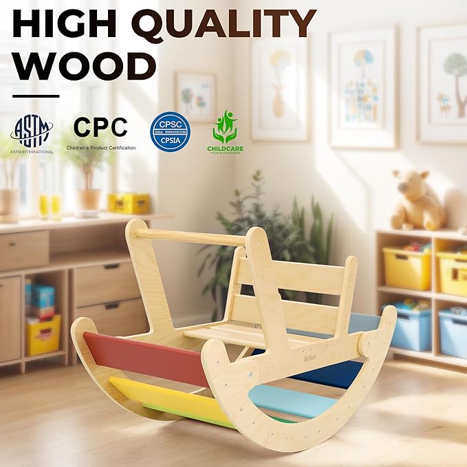 Belleur Wooden Rocking Arch for Toddlers, Rainbow Arch Rocker with High Handle & Backrest, Montessori Balance & Riding Toy for Toddlers 1-5 Years Old, Indoor Play and Ideal Birthday Gift